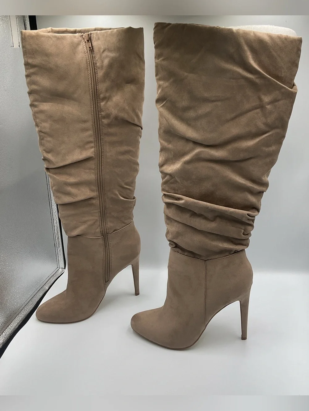 Ruched Faux Suede Knee High Slouched Boots Tan Beige Stiletto High Heel SZ 8.5